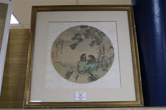 A Chinese painting on silk of two monkeys, late 19th century tondo 25cm.